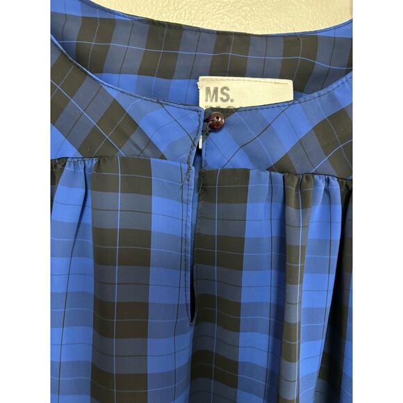 Vtg Ms. Paquette top shirt blouse blue black plaid 3/4 sleeves lightweight S - Picture 3 of 7